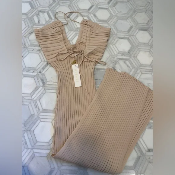 NWT Meshki Lori Halter Strap Ruched Front Ribbed Knit Midi Dress | S - Picture 6 of 6